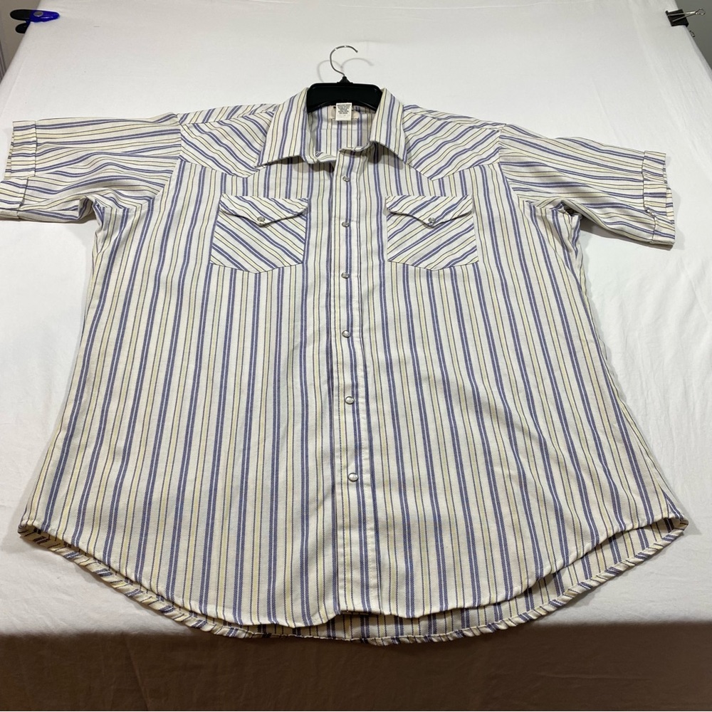 RUDDUCK Pearl snap button Shirt Vintage Striped White Short Sleeve Shirt Pockets